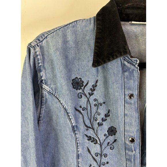 Vintage 90s Floral Embroidered Pearl Snap Denim Shirt Western - Picture 4 of 7